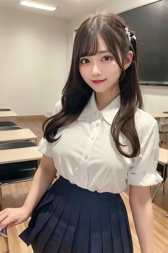 ((1 girl)), ((Best Quality)), ((Ultra-detailed)), ((High resolution)), (8K Wallpaper), ((Perfect dynamic composition)), Realistic, Indoors, In the classroom, A blackboard and some tables, ((Cinematic lighting)), Solo, Cowboy shot, Japanese girl, Wavy long hair, Bangs, Brown hair, ((Beautiful detailed eyes)), , (Dress shirt:1.4), White shirt, ((Large breasts)), Short sleeve, Navy pleated skirt, Short skirt, Standing, Seductive pose, Smile, (Looking at viewer)