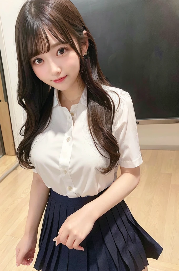 ((1 girl)), ((Best Quality)), ((Ultra-detailed)), ((High resolution)), (8K Wallpaper), ((Perfect dynamic composition)), Realistic, Indoors, In the classroom, A blackboard and some tables, ((Cinematic lighting)), Solo, Cowboy shot, Japanese girl, Wavy long hair, Bangs, Brown hair, ((Beautiful detailed eyes)), , (Dress shirt:1.4), White shirt, ((Large breasts)), Short sleeve, Navy pleated skirt, Short skirt, Standing, Seductive pose, Smile, (Looking at viewer)