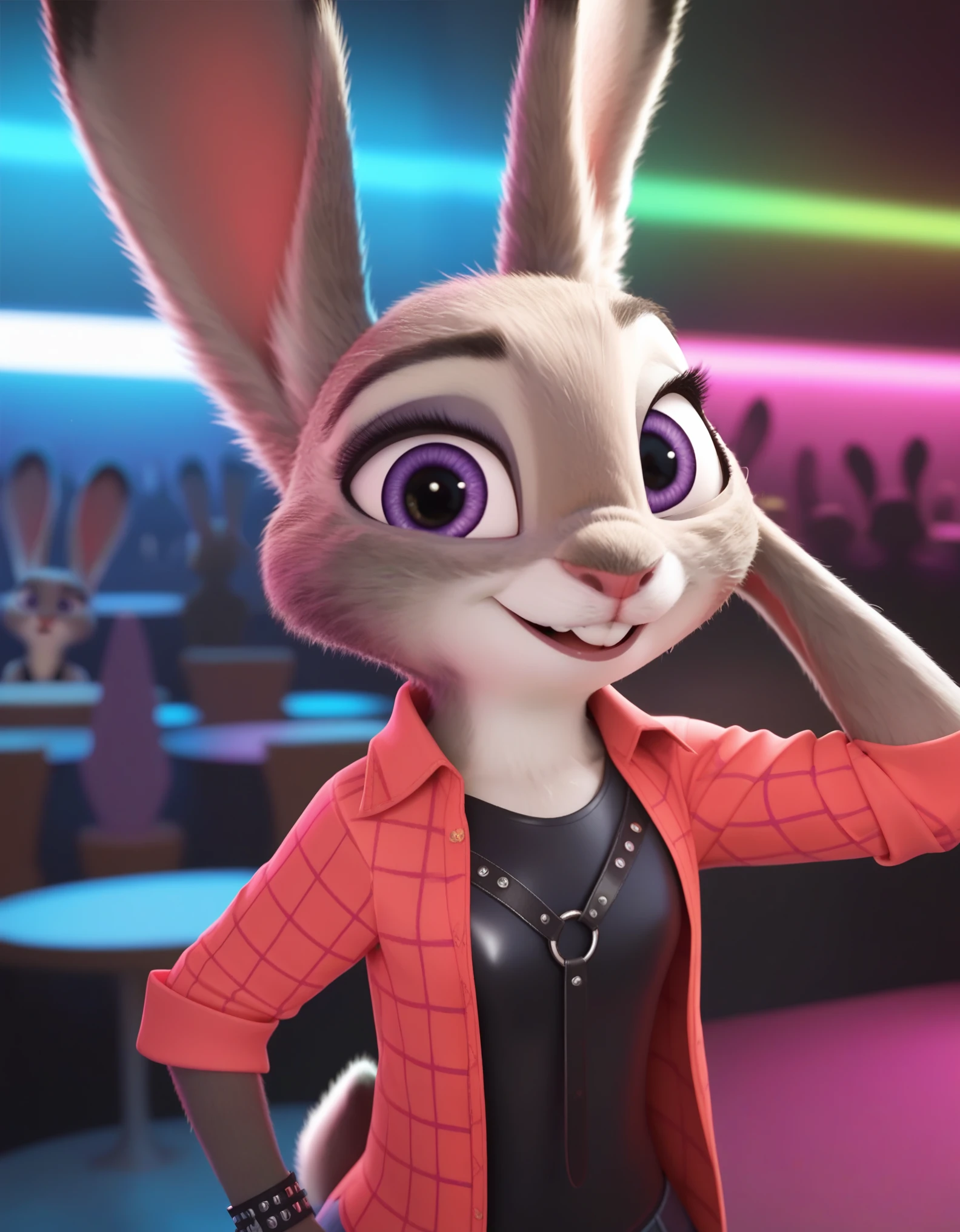 by kenket, by totesfleisch8, (by thebigslick, by silverfox5213:0.8), (by syuro:0.2), anthro, rabbit, sheath, judyhopps,, zootopia, standing, looking at viewer, nightclub, leather clothing, harness,