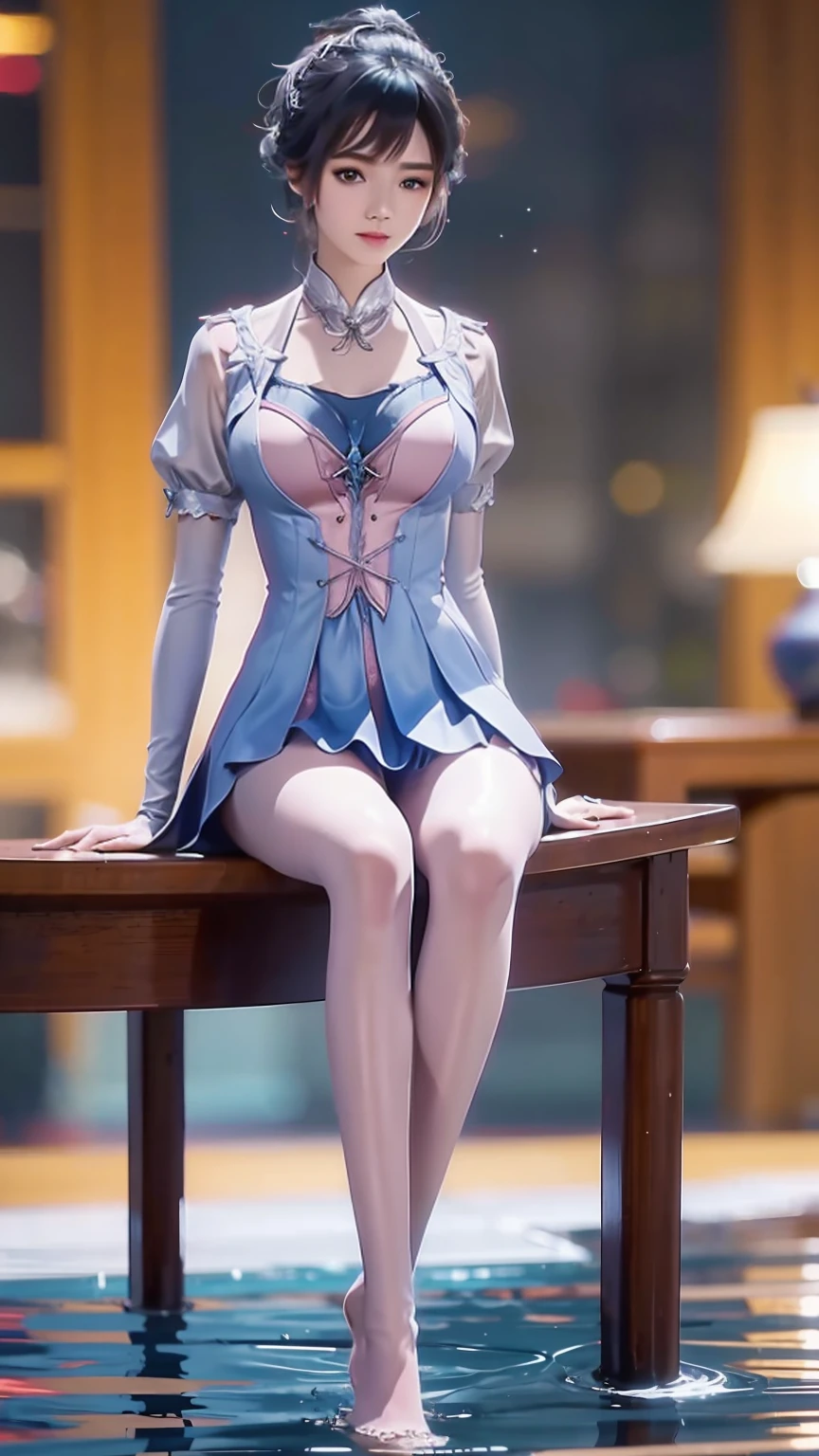 1girl sitting cross-legged on water surface, wearing sailor uniform, full shot, full capture, barefoot, long legs, wet body, water droplets on body, flower rain, draped in sheer fabric, legs together, brushing back hair, (best quality,8k,highres,masterpiece:1.2),ultra-detailed,(realistic,photorealistic,photo-realistic:1.37),HDR,UHD,studio lighting,ultra-fine painting,sharp focus,physically-based rendering,extreme detail description,professional,vivid colors,bokeh,portraits