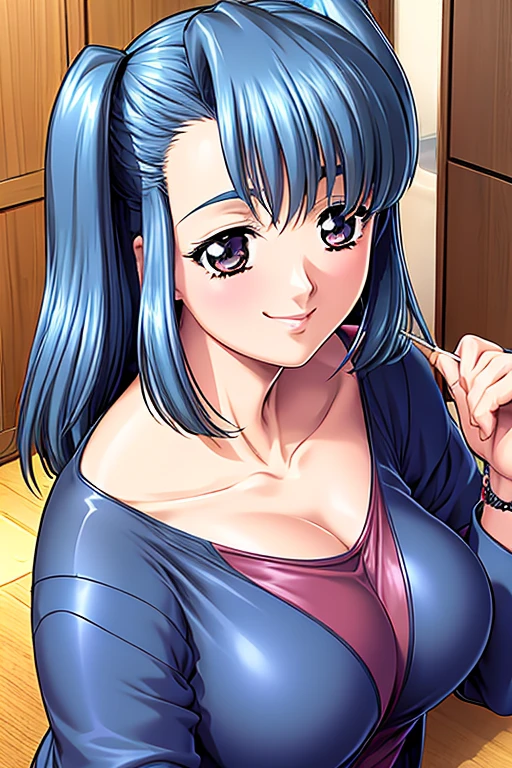 (best quality), (masterpiece), (focus on face), つやのある肌, 1girl, smile, Cardigan, medium large breasts, emphasizing the cleavage