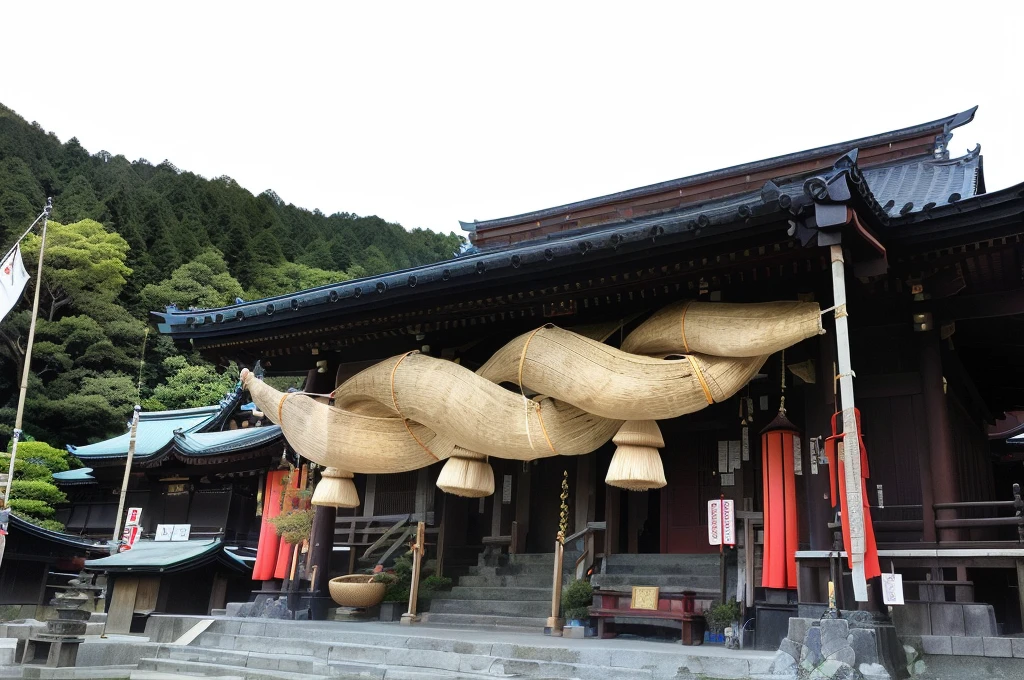 there are many baskets hanging from the roof of a building, oni horns, pagoda with a lot of wind chimes, giant horns, shinto shrine, japanese temple, large horns, hakusensha, temple, devils horns, japanese shrine, japanese temples, pochi iida, inspired by Gusukuma Seihō, a temple, giant tentacles