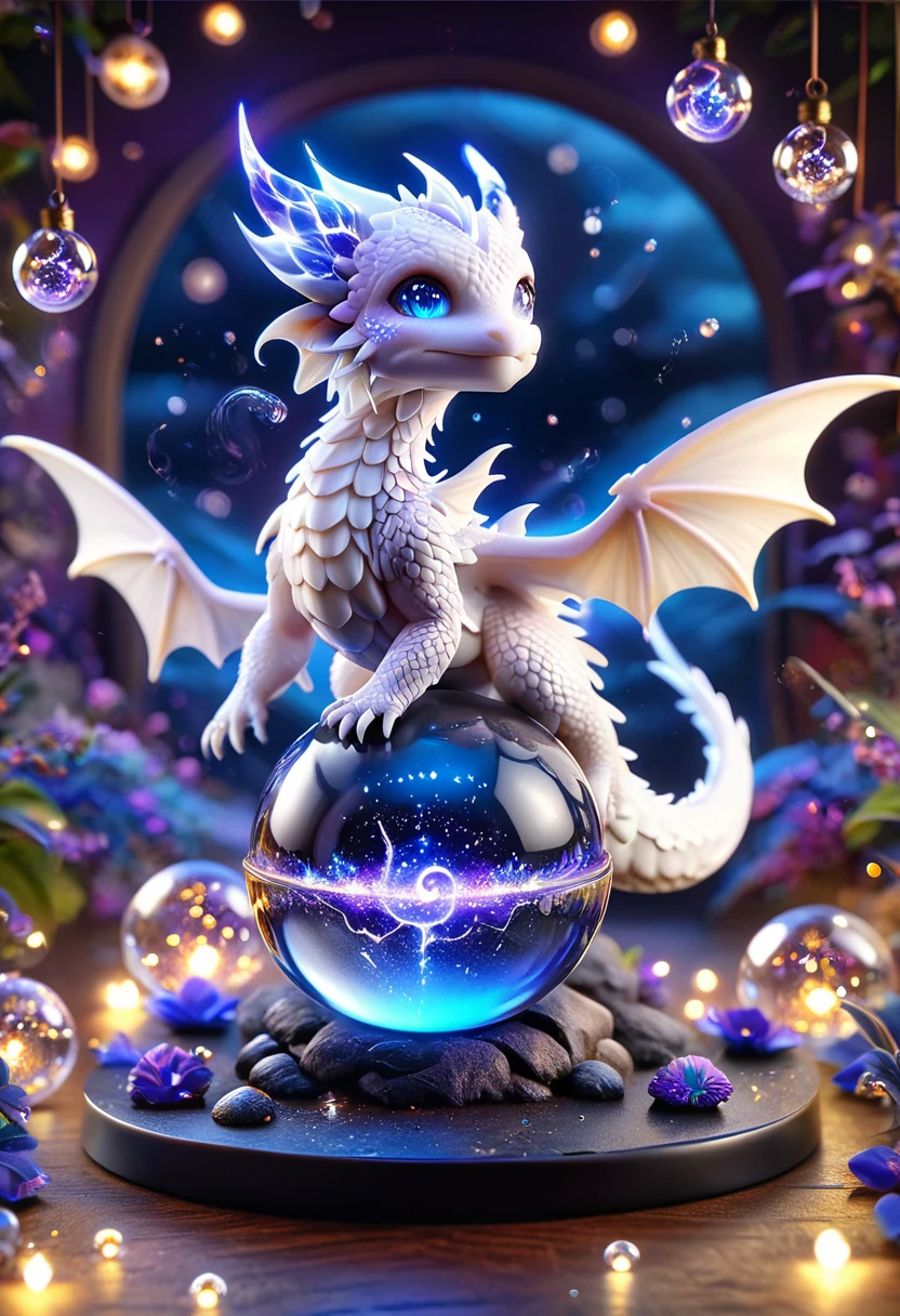 absurdres, highres, ultra detailed, HDR, master piece, best quality, crystal ball, small white dragon, expressive blue eyes, blue horns, wings, fantasy magical background, sparkling, shining, purple lightning, floating round lights, starry, void