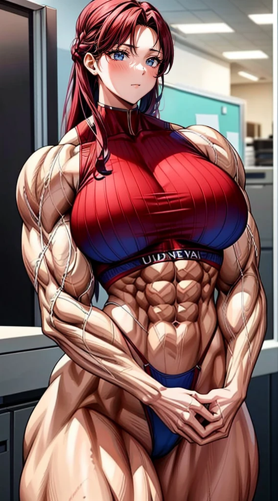 a muscular 2 meter heighted and 3 meter width female bodybuilder in (( red bra inside (office suit) and her hair is (gradient of dark blue and red) from end to the right side of head)), detailed face, beautiful detailed eyes, beautiful detailed lips, ((extremely detailed face and muscles)), long eyelashes, strong muscles bulging through suit, dynamic pose, professional studio lighting, hyperrealistic, 8k, high quality, photorealistic, physically-based rendering, concept art, dramatic color palette,((abs)).