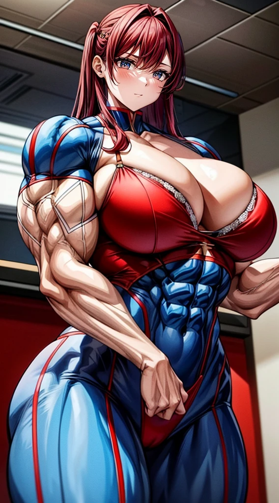 a muscular 2 meter heighted and 3 meter width female bodybuilder in (( red bra inside (office suit) and her hair is (gradient of dark blue and red) from end to the right side of head)), detailed face, beautiful detailed eyes, beautiful detailed lips, ((extremely detailed face and muscles)), long eyelashes, strong muscles bulging through suit, dynamic pose, professional studio lighting, hyperrealistic, 8k, high quality, photorealistic, physically-based rendering, concept art, dramatic color palette,((abs)).