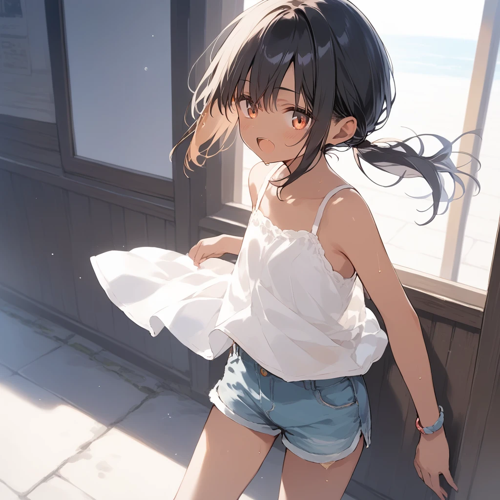 score_9, score_8_up, score_7_up, source_anime, best quality, masterpiece, official art, absurdres, highres, ultra-detailed,waifu2x,Collection: Slice of Life,break,1girl, tomboy, dark-skinned female, short hair, low ponytail, flat chest, beautiful detailed eyes, short shorts, sweat, open mouth, (yawn:0.3), sleepily, outdoors, wind, break,(clear line illustration:1.2),very high resolution, very aesthetic, super detailed skin, Best sexual lighting powered by famous artist, 8k,cute picture,beauty illustration,photoshop_(medium),,(Detailed Lighting),best anime 8k konachan wallpaper, pixiv contest winner,