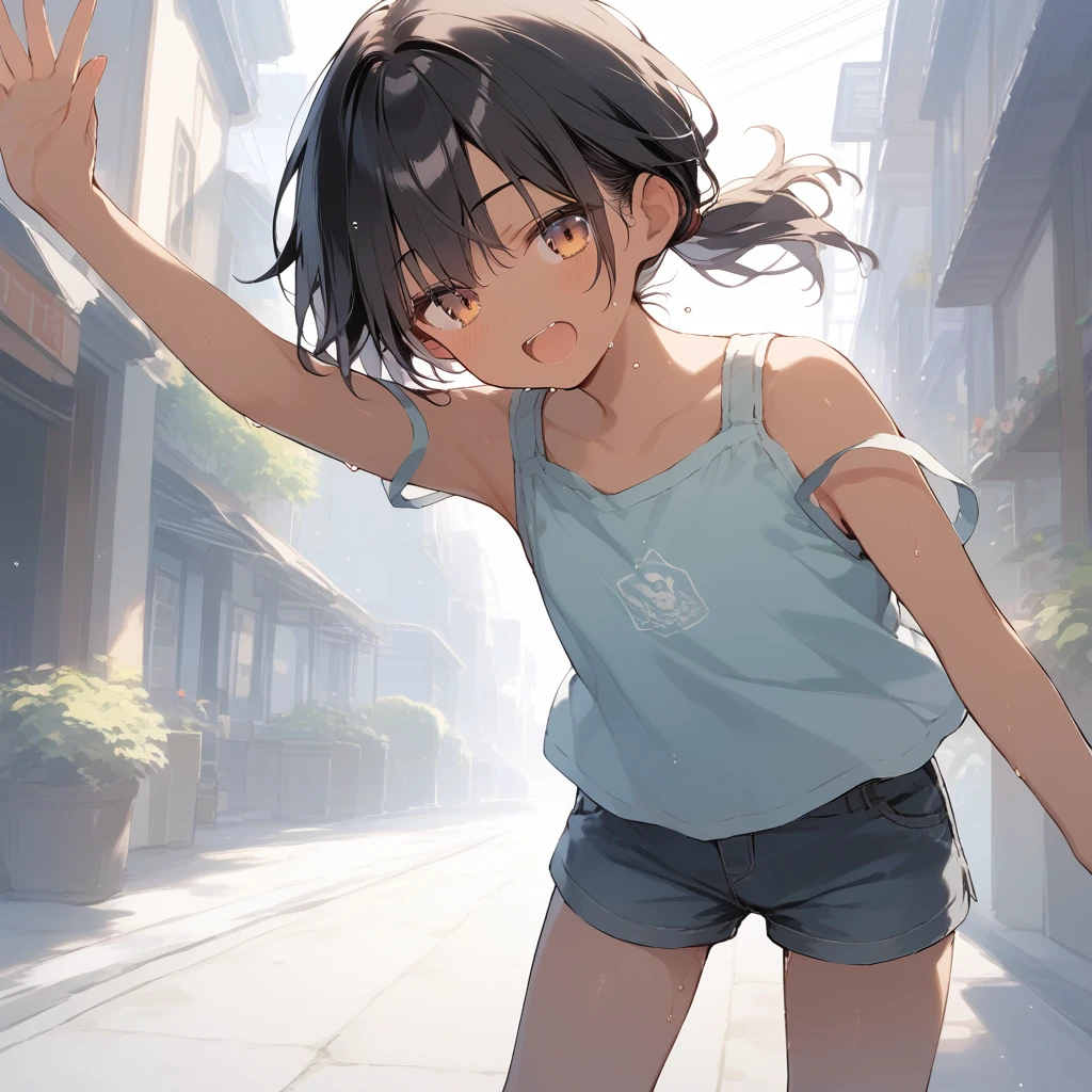 score_9, score_8_up, score_7_up, source_anime, best quality, masterpiece, official art, absurdres, highres, ultra-detailed,waifu2x,Collection: Slice of Life,break,1girl, tomboy, dark-skinned female, short hair, low ponytail, flat chest, beautiful detailed eyes, short shorts, sweat, open mouth, (yawn:0.3), sleepily, outdoors, wind, break,(clear line illustration:1.2),very high resolution, very aesthetic, super detailed skin, Best sexual lighting powered by famous artist, 8k,cute picture,beauty illustration,photoshop_(medium),,(Detailed Lighting),best anime 8k konachan wallpaper, pixiv contest winner,