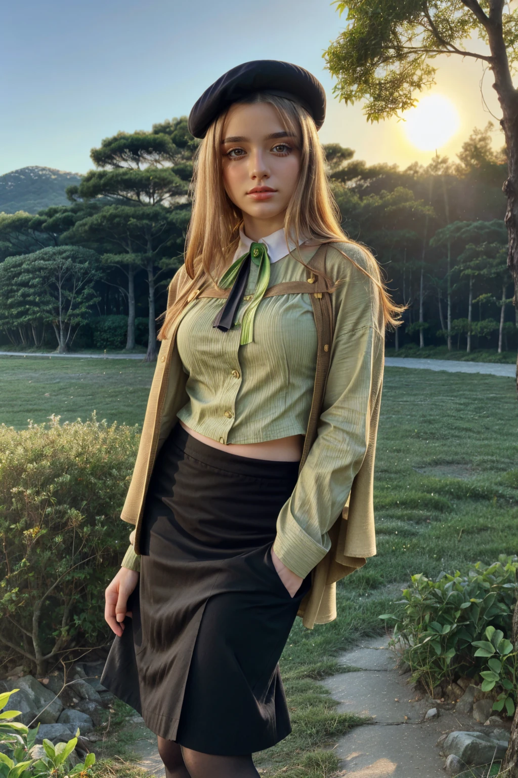 1 girl, best quality, ((Miyo)), tarankaaa, perfect face, beautiful smile, 30 years old, ((ascot, uniform, black skirt, cross, ribbon, gold blonde hair, emerald, beret, cape, pantyhose, shirt cover til hips, long shirt)), ((perfectly drawn hands)), perfect body, bare tree, bush, fog, forest, grass, nature, outdoors, plant, scenery, solo, standing, tree, 32k photograph, ((perfect eyes, detailed eyes,realistic eyes)), ((sharp face, detailed face, realistic face, natural skin, realistic skin, detailed skin, pores)), full body, tone mapping, asian-european, ((masterpiece)), ((highres)), ((detailed background)), japanese village background, night, big proportions, 