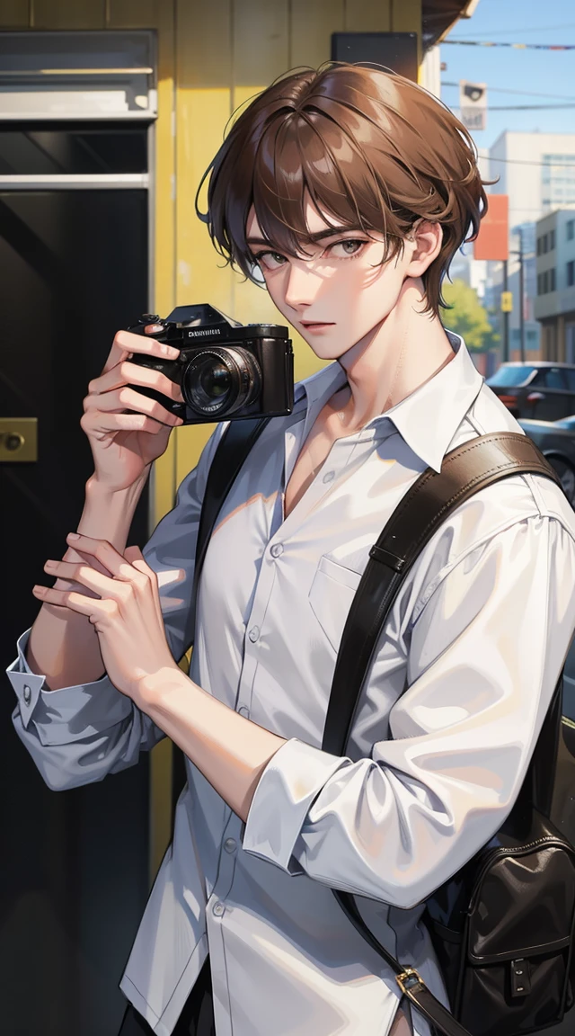 Handsome boy holding a camera taking pictures