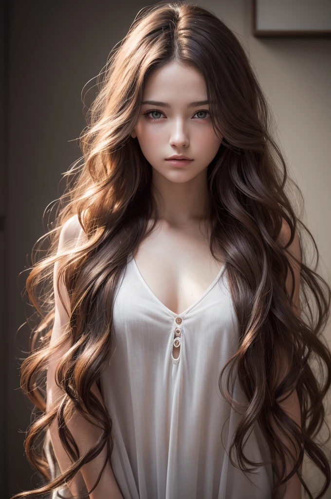 painting of a woman with long brown hair and a flower in her hair, detailed hair foggy, wlop glossy skin, ealistic shaded perfect face, ethereal vaporous tan skin, glowing flowing hair, long glowing ethereal hair, lblsck hair, stylized portrait h 640, realistic shaded perfect face, sultry expression, detailed sensual face, detailed realistic face