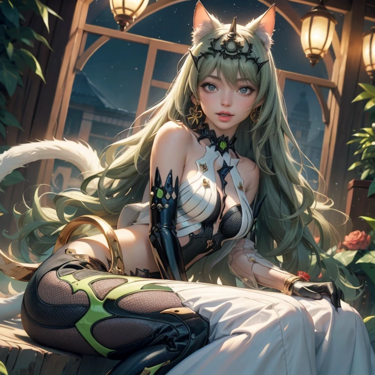 1girl, white dress, jewelry, green hair, flowing hair, long hair, white roses, firefly, oriental architecture, Chinese maid dress, white laces, black boots, gold details on her clothes, cat ears, animal ears, lake, seat ont he water, a garden with lake scenery, white roses, flowers, more details, perfectly body, perfectly hands, two hands, two legs, two arms, five fingers, glowing hair, best quality, cat ears, animal ears, tail ornament, tail bow, gloves, two cat tail, red gloves, alone, maid headdress, choker, detached sleeves, maid dress, maid white dress, strapless, masterpeice, best quality, detailed face, night, mobius (honkai impact), honkai (series), honkai impact 3rd, asymmetrical gloves, bangs, short skirt , black gloves, boots, crown, earrings, elbow gloves, fishnet thighhighs, fishmasterpeice, solo, best quality, detailed face, gloves, green eyes, green hair, hair between eyes, jewelry, long hair, looking at viewer, single earring, sky, sleeveless, solo, thigh boots, thighhighs, tongue, tongue out, uneven gloves, sitting, cat ears, animal ears, cat tail, holding a ice cream