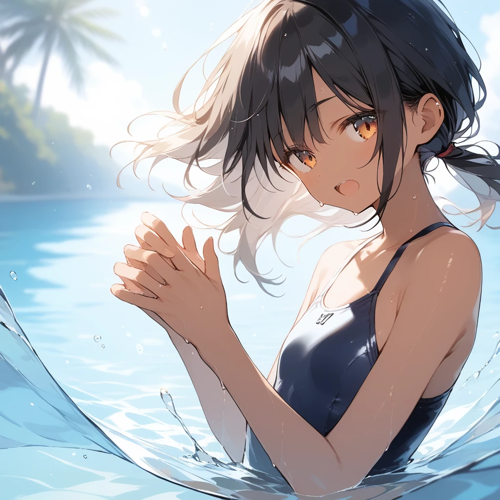 score_9, score_8_up, score_7_up, source_anime, best quality, masterpiece, official art, absurdres, highres, ultra-detailed,waifu2x,Collection: Slice of Life,break,1girl, tomboy, dark-skinned female, short hair, low ponytail, flat chest, beautiful detailed eyes, swimsuit, wet, open mouth, (yawn:0.3), sleepily, water, outdoors, wind,break,(clear line illustration:1.2), super detailed skin,very high resolution, very aesthetic, Best sexual lighting powered by famous artist, 8k,cute picture,beauty illustration,photoshop_(medium),,(Detailed Lighting),best anime 8k konachan wallpaper, pixiv contest winner,