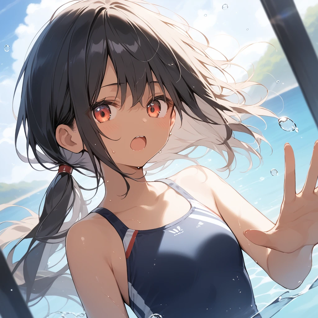 score_9, score_8_up, score_7_up, source_anime, best quality, masterpiece, official art, absurdres, highres, ultra-detailed,waifu2x,Collection: Slice of Life,break,1girl, tomboy, dark-skinned female, short hair, low ponytail, flat chest, beautiful detailed eyes, swimsuit, sweat, open mouth, (yawn:0.3), sleepily, swimming, outdoors, wind, break,(clear line illustration:1.2),very high resolution, very aesthetic, super detailed skin, Best sexual lighting powered by famous artist, 8k,cute picture,beauty illustration,photoshop_(medium),,(Detailed Lighting),best anime 8k konachan wallpaper, pixiv contest winner,