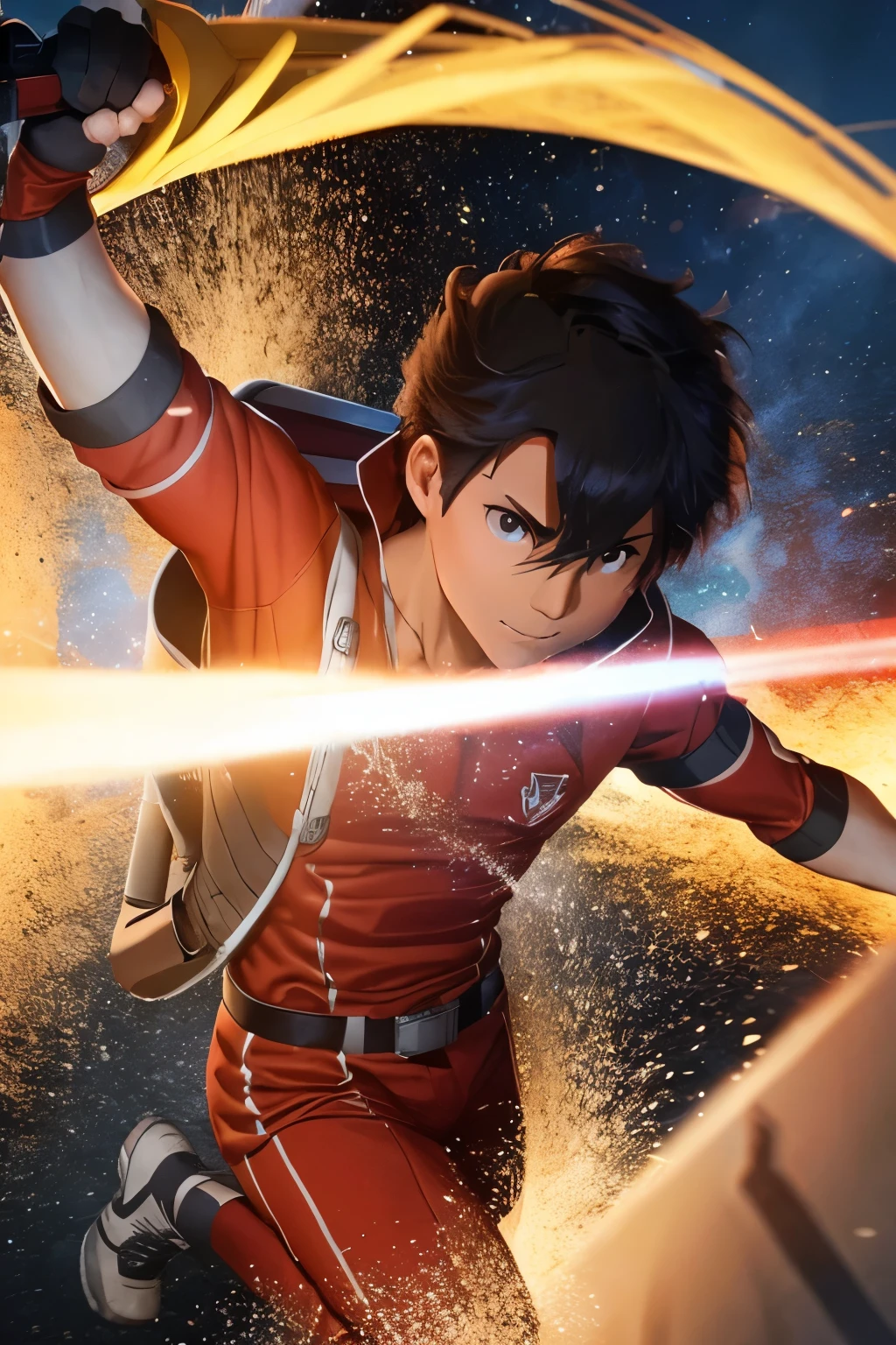 A high boy, wearing a red iron terra swoop force suit, shining in the dark, gliding through a tunnel going down to the crust of the earth,