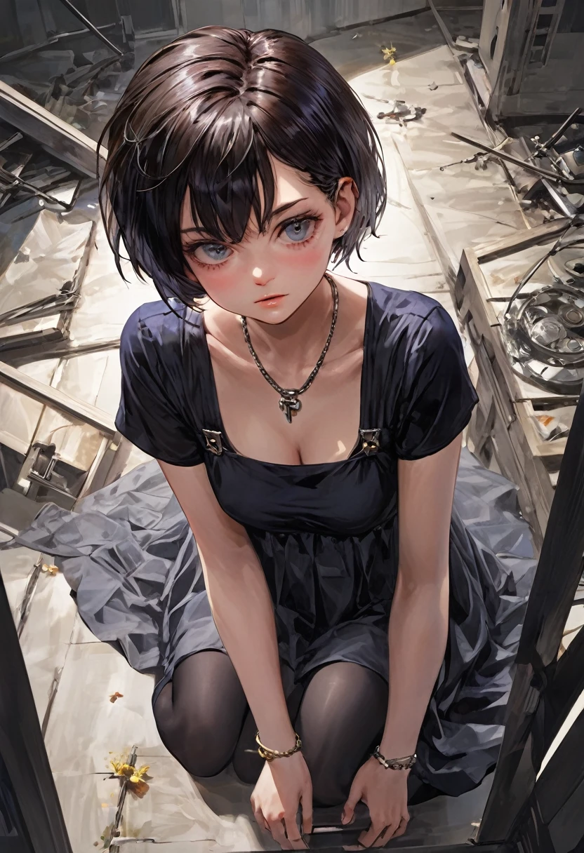 masterpiece, best quality, 1girl, short hair, adult, fully mature, surronding by wire , broken parts , apocalypse . she look broken , from above, upper body , extremely detailed eyes