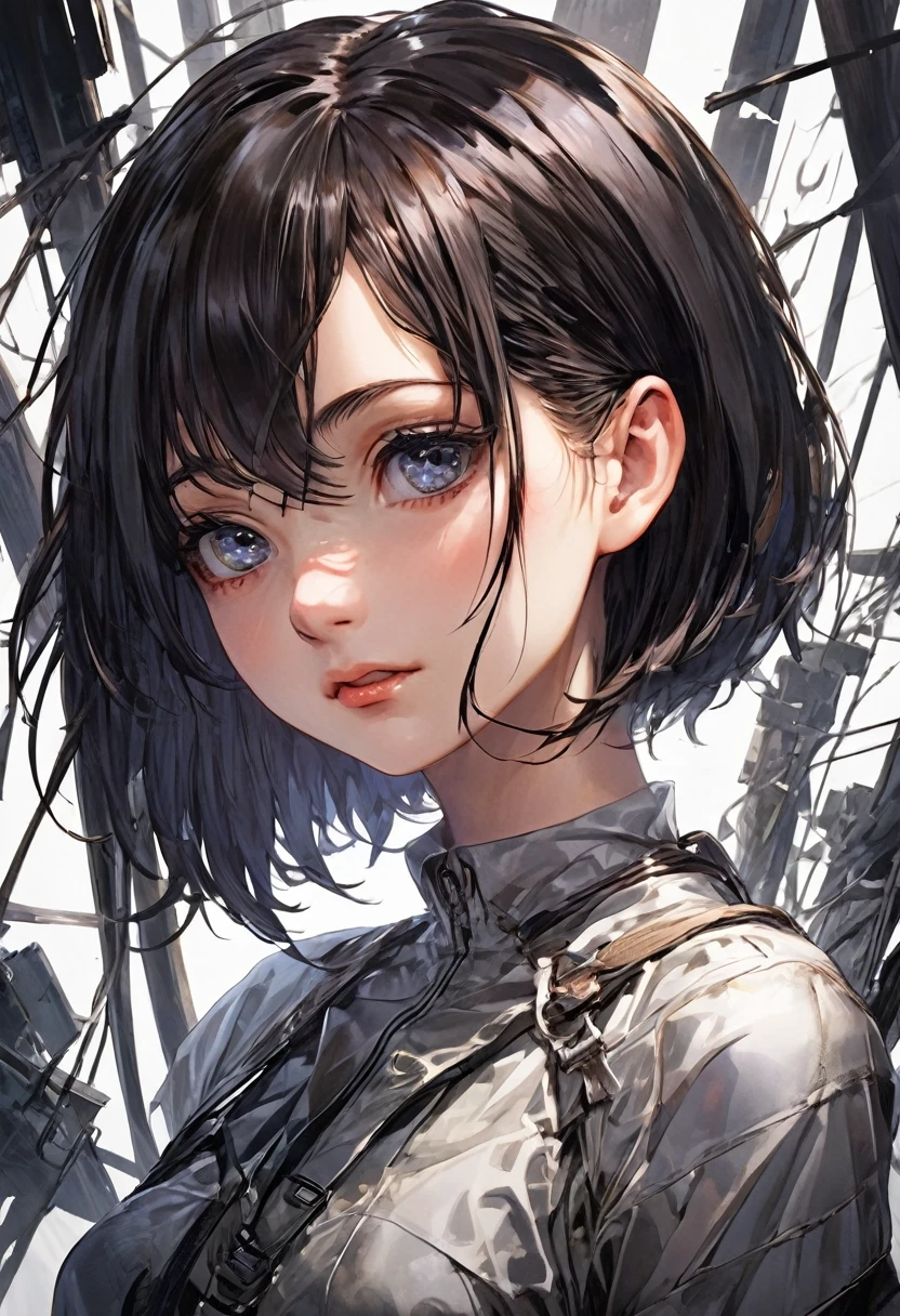 masterpiece, best quality, 1girl, short hair, adult, fully mature, surronding by wire , broken parts , apocalypse . she look broken , from above, upper body , extremely detailed eyes