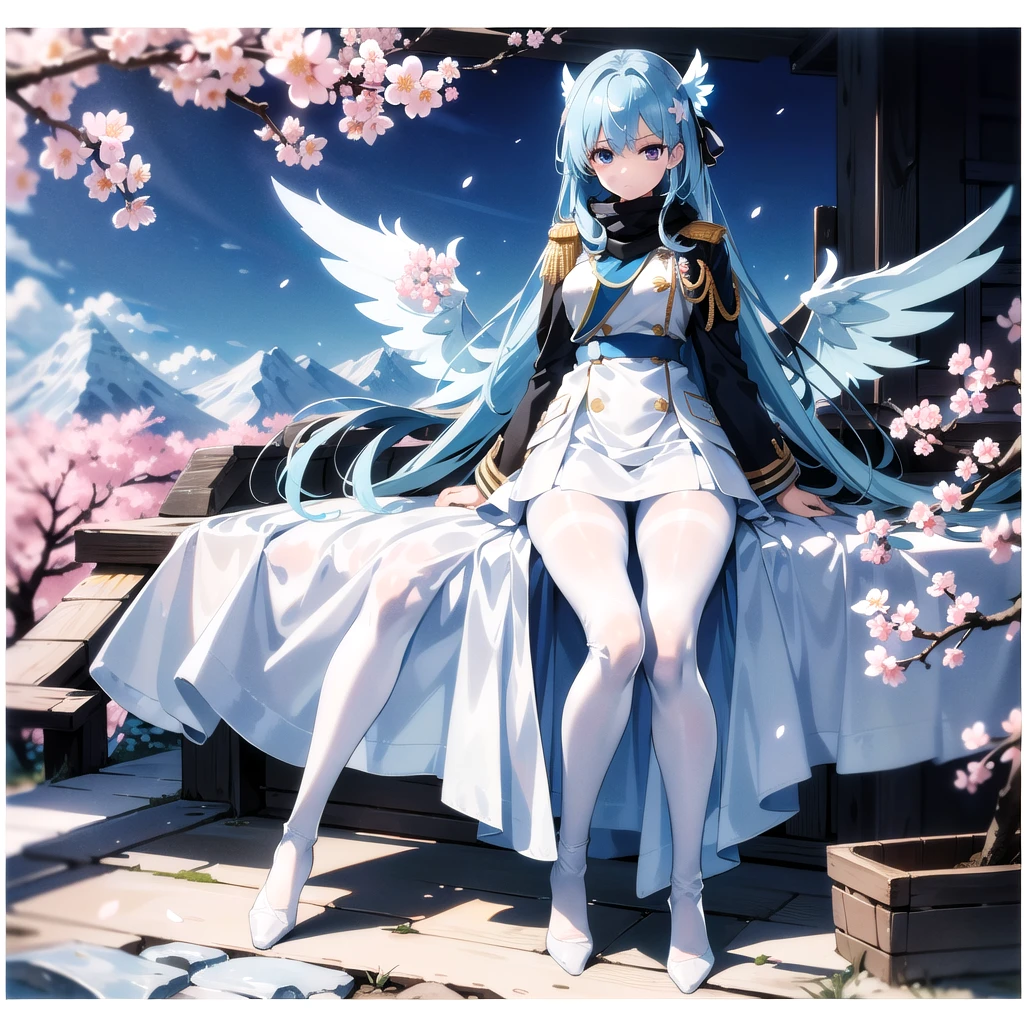 masterpiece, highest quality, highest resolution, clear_image, detailed details, light blue hair, long hair, one girl, light blue eyes, white pantyhose, black military clothing, light blue scarf, light blue wings (4 wings), cute, full body, no water marks, mountain (cherry blossom mountain)