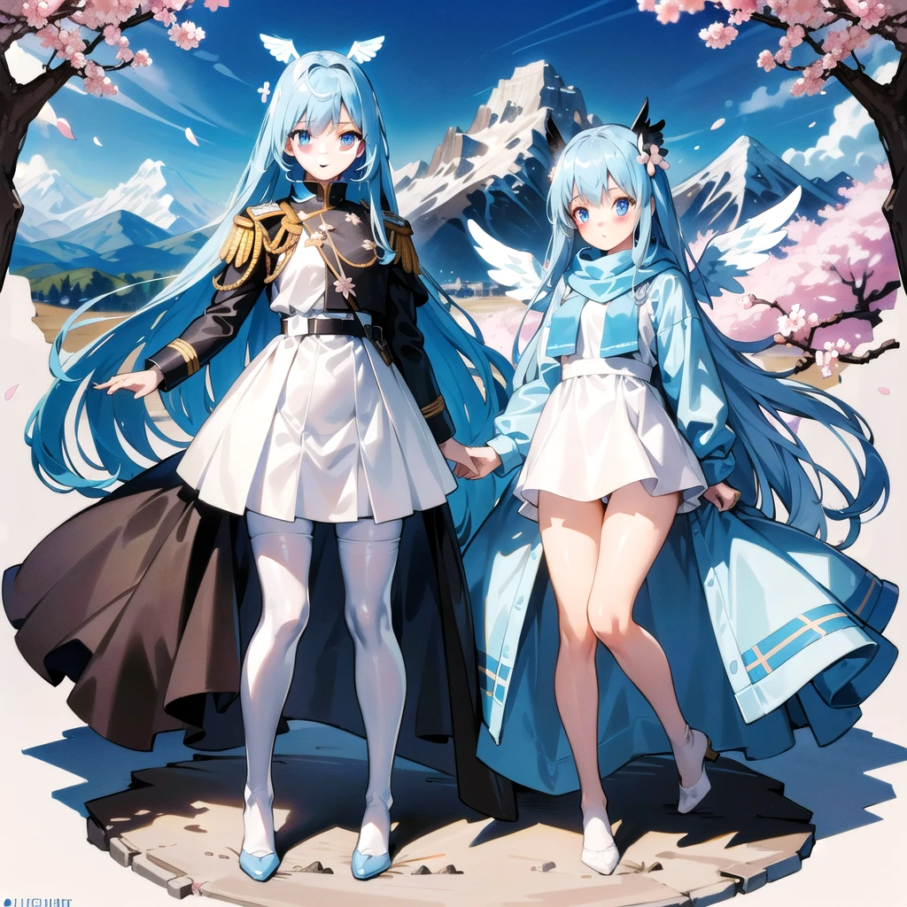 masterpiece, highest quality, highest resolution, clear_image, detailed details, light blue hair, long hair, one girl, light blue eyes, white pantyhose, black military clothing, light blue scarf, light blue wings (4 wings), cute, full body, no water marks, mountain (cherry blossom mountain)