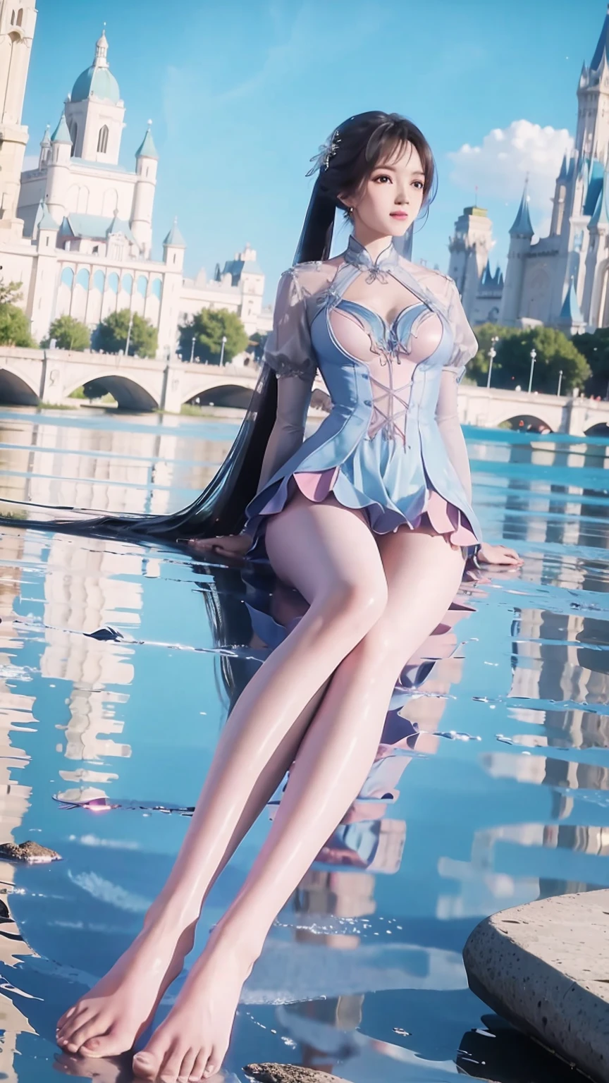 一个穿着连衣裙的女孩躺在Starry Sky下的床上,Exquisite smile,Beautiful and delicate eyes,Beautiful and delicate lips,Extremely detailed face and eyes,Long eyelashes,Full body,Flowing hair,belly button,best quality,excellent work,Super,(Reality:1.4),RAW photos,(Beautiful face:1.2),(Lying on the water:1.5),1 girl,(absurd),(8K), (4K),Octane Rendering,Starry Sky,((Full body view)),Wearing crystal barefoot,Cross-legged