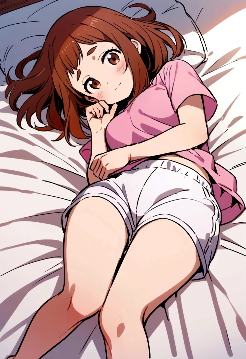 Ochako Uraraka lying on the bed with a shy face in a pink t-shirt and white shorts, bare feet looking at the camera