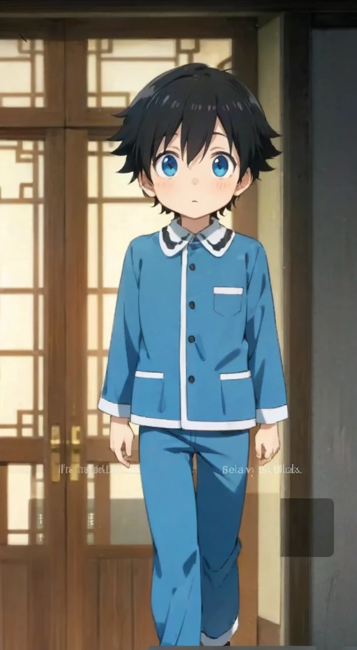 A cute loli boy anime outfit pajamas, Bblack hair, very clear and cute blue eyes, Kwai,