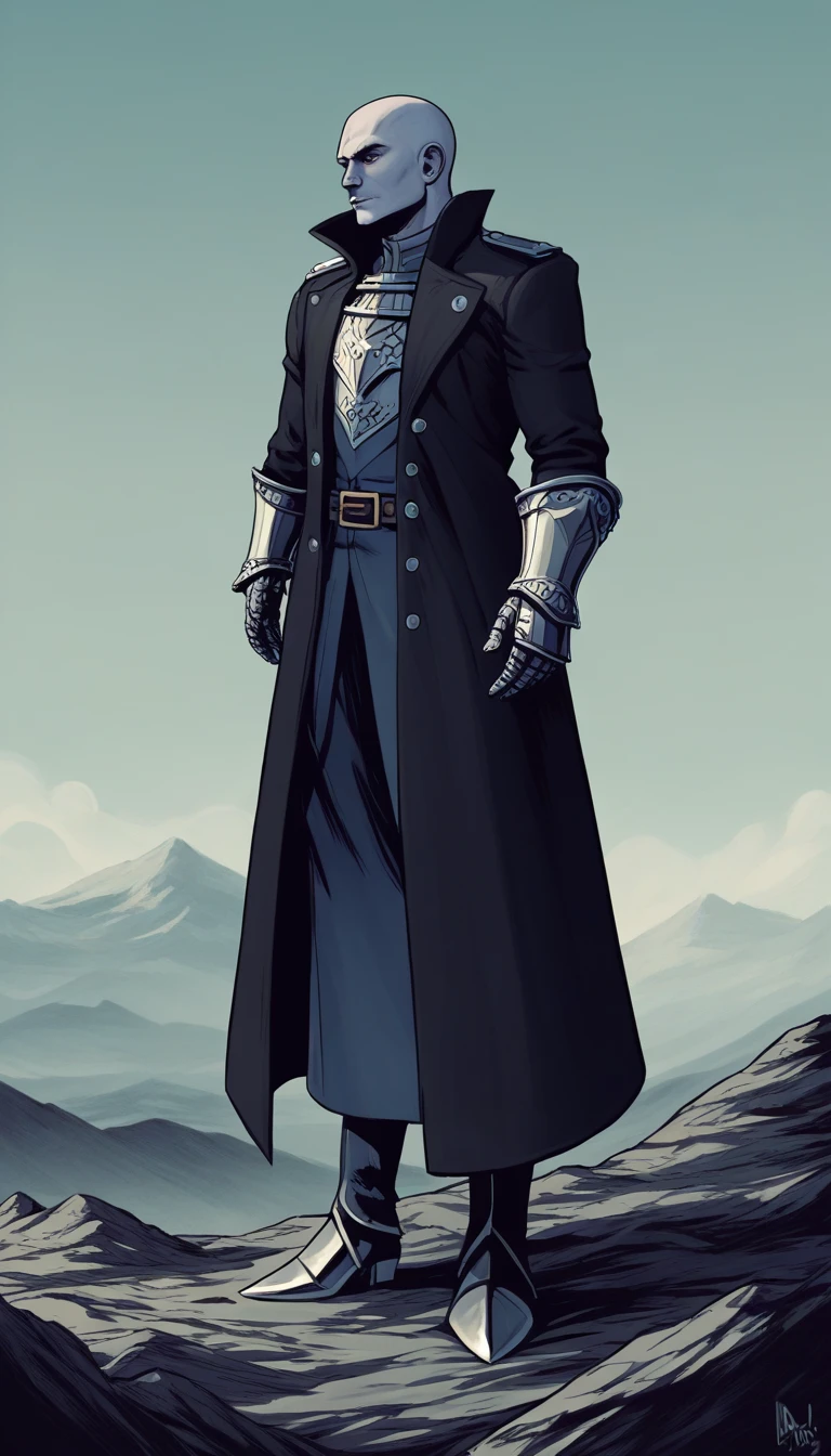 score_9, score_8_up, score_7_up, score_6_up, score_5_up, score_4_up, blu3s, ((side view)) of (handsome male vampire) lord standing on rocky hill, ornate black ((trench coat)) and (armored gloves) with sharp edges, ((battlefield)), ((stormy)).
