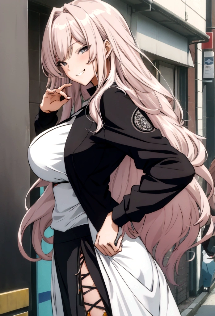 Anime girl long silky hair, medium size breast, sexy,hand on the back of thher head pose,casual outfit,grinning