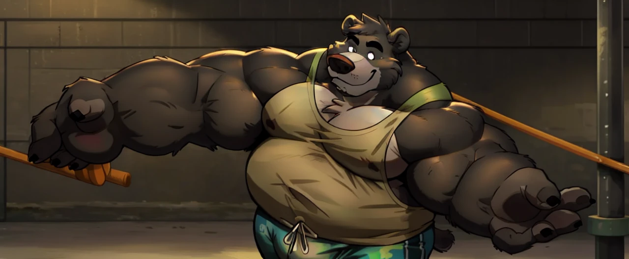 ((masterpiece, best quality)),solo, 1bear, solo, baloo, huge thick muscular, black gym shorts, black tank top, black eyes, furry, bear, no humans, gymnasium, looking at the results of how many pounds he’d lost