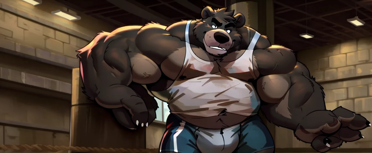 ((masterpiece, best quality)),solo, 1bear, solo, baloo, huge thick muscular, black gym shorts, black tank top, black eyes, furry, bear, no humans, gymnasium, looking at the results of how many pounds he’d lost