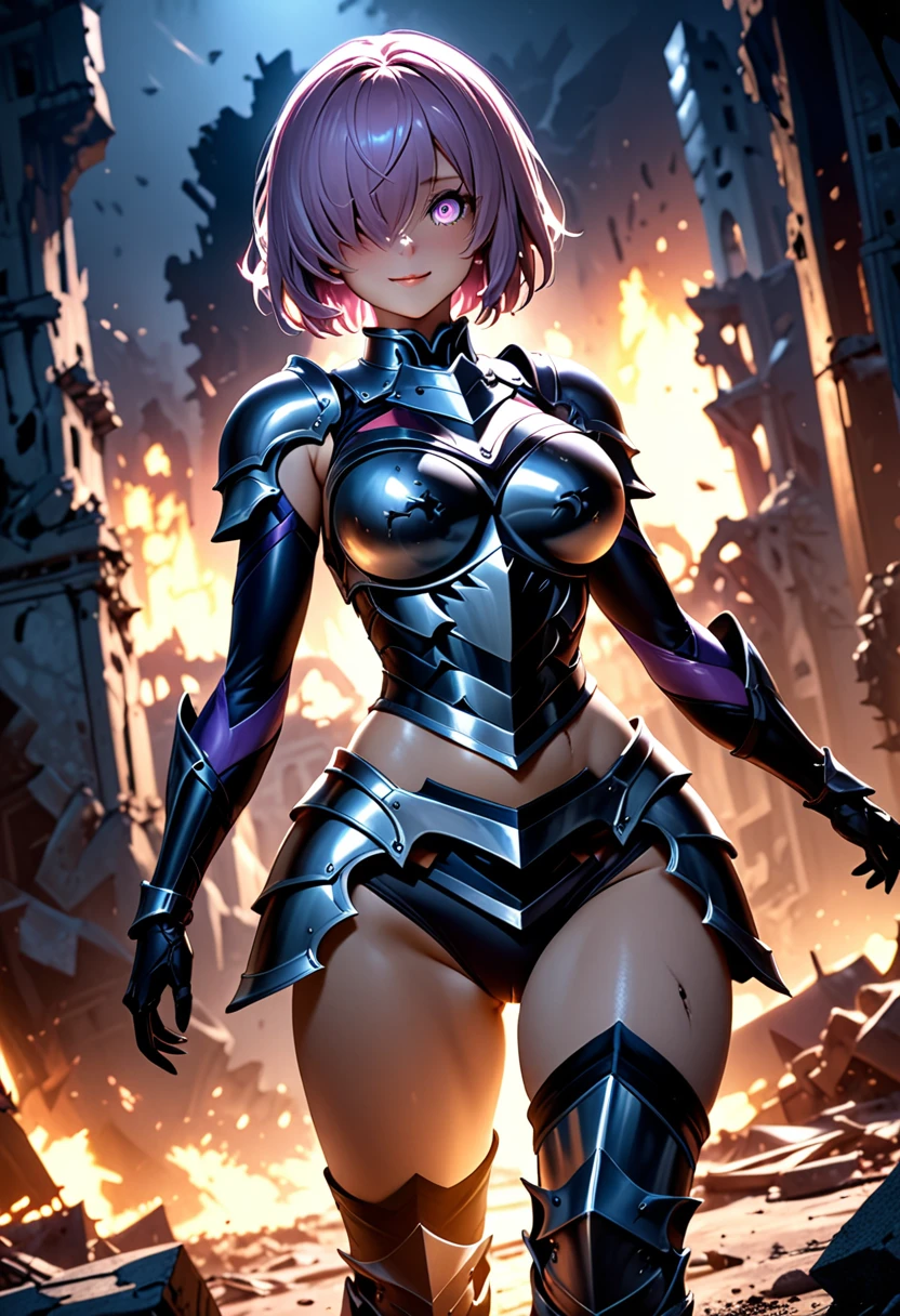 (masterpiece, top quality, best quality, beautiful and aesthetic:1.2), full body, extremely detailed, detailed face and eyes, cinematic light, depth of field, 1girl, seducing smile, solo, official, (armored knight:1.4), dark armor, mash kyrielight, light purple hair, short hair, hair over one eye, slim body, cinematic lighting, dramatic lighting, dramatic atmosphere, hyper-realistic, high resolution, stunning contrast, high quality, best quality, 8k, 4k, intricately detailed, (amazing details:1.2), highly detailed skin, powerful presence, vibrant colors, (detailed eyes:1.2), striking eyes, (detailed background), (warzone on background, night, ruins), (dynamic angle:1.2), (dynamic pose:1.2)