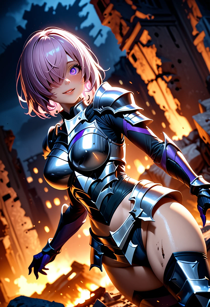 (masterpiece, top quality, best quality, beautiful and aesthetic:1.2), full body, extremely detailed, detailed face and eyes, cinematic light, depth of field, 1girl, seducing smile, solo, official, (armored knight:1.4), dark armor, mash kyrielight, light purple hair, short hair, hair over one eye, slim body, cinematic lighting, dramatic lighting, dramatic atmosphere, hyper-realistic, high resolution, stunning contrast, high quality, best quality, 8k, 4k, intricately detailed, (amazing details:1.2), highly detailed skin, powerful presence, vibrant colors, (detailed eyes:1.2), striking eyes, (detailed background), (warzone on background, night, ruins), (dynamic angle:1.2), (dynamic pose:1.2)