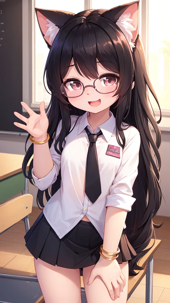 (young :1.6),1 girl,black long hair,wavy hair,messy hair,pink cat ears,pink cat tail,small breasts,white shirt,black necktie,black mini skirt,classroom,sparkle light,gold light,morning,glasses,cute bracelet,ribbon hair ornament,full face blush,looking at viewer,shy face,smile,open mouth,heart eyes,waving hand to viewer