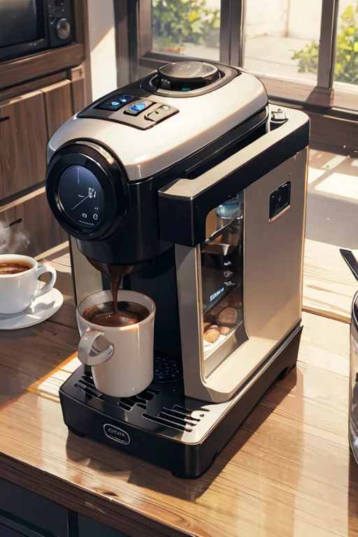 coffee machine on a table, in a kitchen, background, realistic, 8k