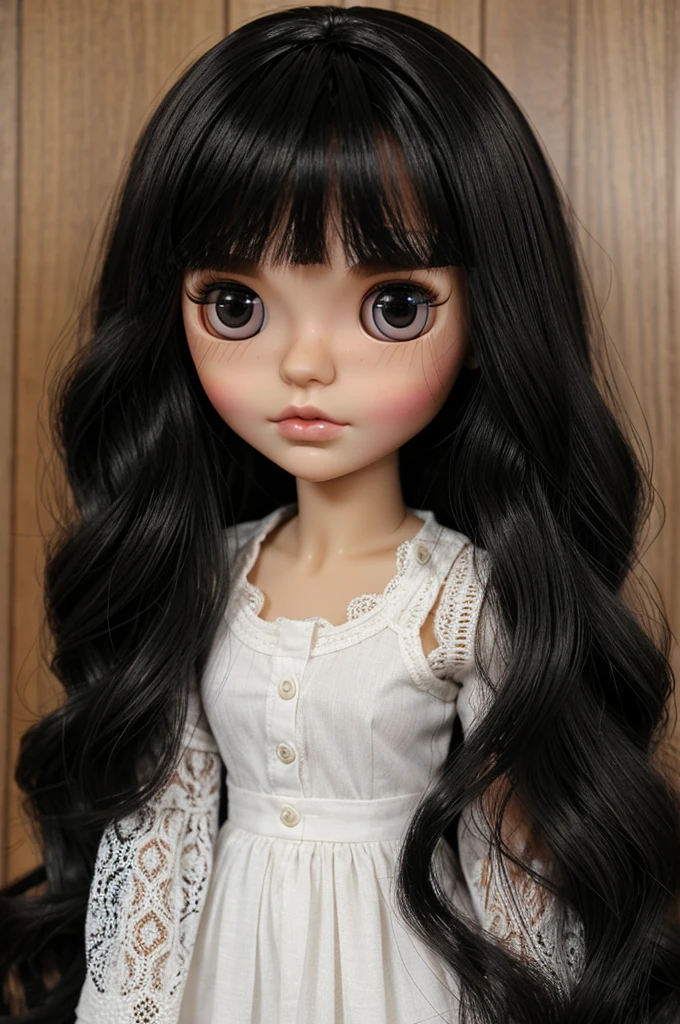 make me a Blythe doll with medium long dark hair and black eyes