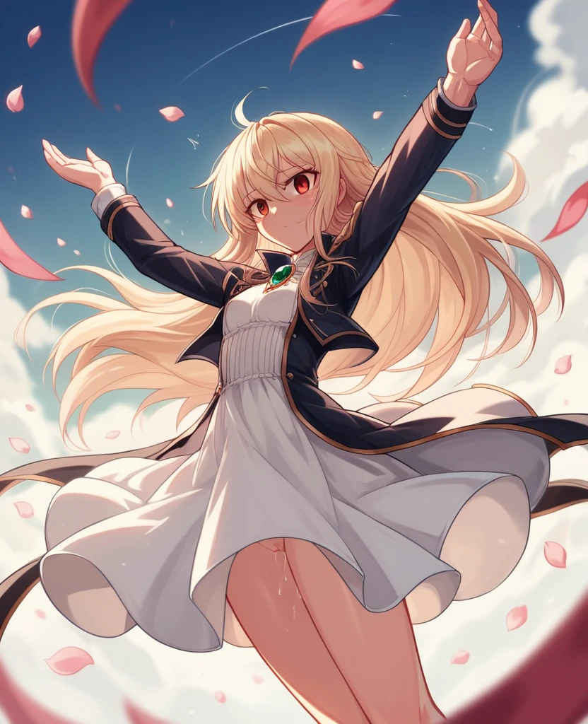 (Dynamic Angle:1.3),Extreme close up,the wind is strong,映画ofハイライト,1人of女of子,Full Art,dancing,View your viewers, violet_Evergarden, alone, jewelry, blank eye,brooch, blonde_hair,( vevry long hair:1.2),floating hairlong_sleeve, ribbon, green_eye,blush, Jacket, dress, gem, hair_ribbon,null, depth_of_Field, a close view of flying petal,NSFW,pussy juice,Open chest,