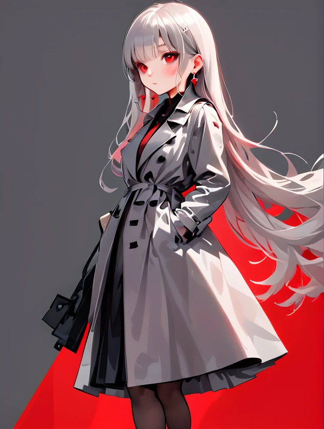 Simple vector illustration,Beautiful girl standing against the wall,Unique,confidence,Long straight hair,(((clear detailed eyes))), Exaggerated earrings,Unique,Staring at the audience),(Black deep V trench coat:1.37,Red bottoming skirt)。Looking from the bottom up,Geometric Light and Shadow,Clean and simple red background, silver straight hair and bangs, hime hairstyle, (((dusty rose eyes))), straight cutted silver bangs