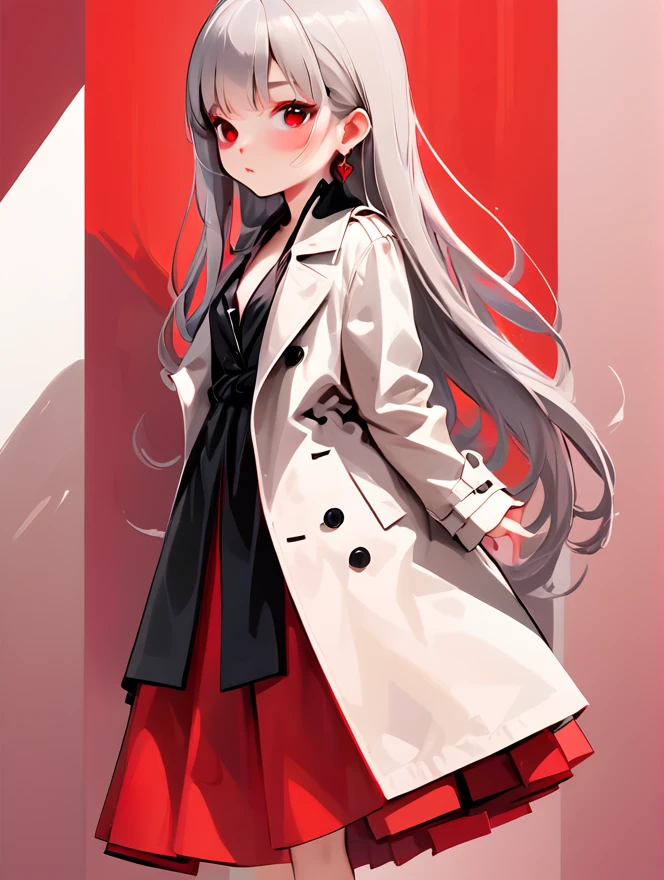 Simple vector illustration，Beautiful girl standing against the wall，Unique，confidence，Long straight hair，(((clear detailed eyes))), Exaggerated earrings，Unique，Staring at the audience），（Black deep V trench coat：1.37，Red bottoming skirt）。Looking from the bottom up，Geometric Light and Shadow，Clean and simple red background, silver straight hair and bangs, hime hairstyle, (((dusty rose eyes))), straight cutted silver bangs
