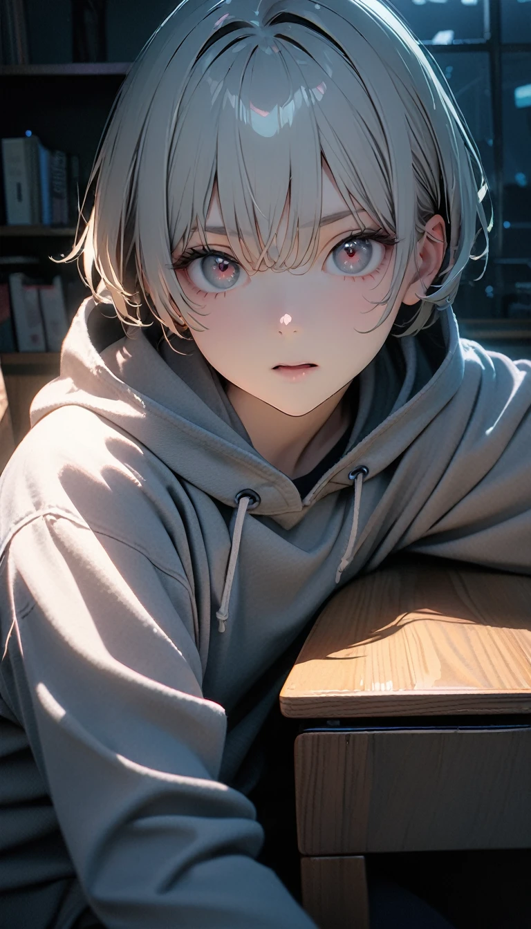 (8K, RAW photos, best quality, masterpiece: 1.4), (((The boy sits at the desk))),Ultra-high resolution, Extremely detailed, light, Eye close-up, handsome boy, black eyes, (delicate eyes, Eyes are bright:1.2), Gray short hair, Fair skin,dark, Grey sweatshirt, sweatshirt with hood,(perfect anatomy:1.2), High-quality shadows, Natural Lighting, (White highlights:1.2), night, cloudy day, (at home:1.2), (Brave expression:1.2)