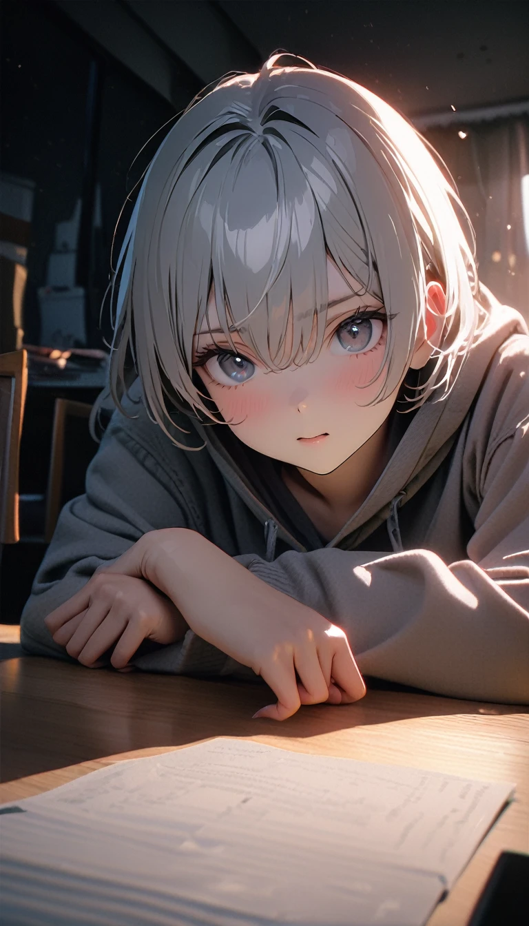 (8K, RAW photos, best quality, masterpiece: 1.4), (((The boy sits at the desk))),Ultra-high resolution, Extremely detailed, light, Eye close-up, handsome boy, black eyes, (delicate eyes, Eyes are bright:1.2), Gray short hair, Fair skin,dark, Grey sweatshirt, sweatshirt with hood,(perfect anatomy:1.2), High-quality shadows, Natural Lighting, (White highlights:1.2), night, cloudy day, (at home:1.2), (Brave expression:1.2)
