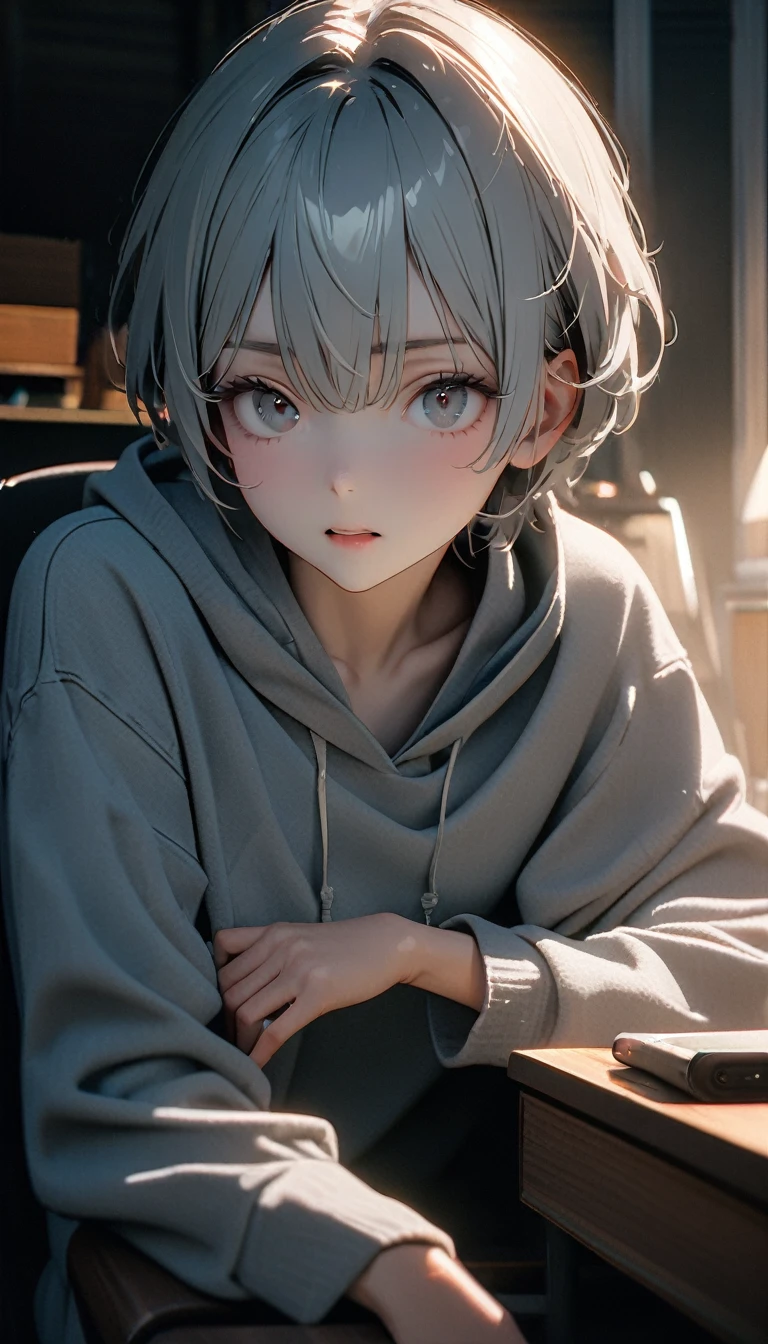 (8K, RAW photos, best quality, masterpiece: 1.4), (((The boy sits at the desk))),Ultra-high resolution, Extremely detailed, light, Eye close-up, handsome boy, black eyes, (delicate eyes, Eyes are bright:1.2), Gray short hair, Fair skin,dark, Grey sweatshirt, sweatshirt with hood,(perfect ???????:1.2), High-quality shadows, Natural Lighting, (White highlights:1.2), night, cloudy day, (at home:1.2), (Brave expression:1.2)