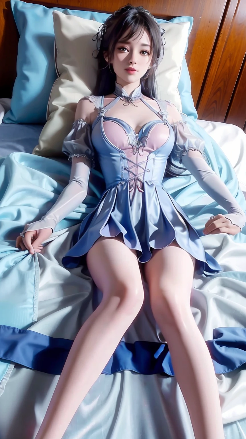beautiful detailed girl lying on bed, wearing a spaghetti strap nightgown, facing up, slightly raising her leg, extremely detailed beautiful big-breasted , super high quality, 4k, 8k, cinematic, full body, lying down, long legs, very large bust, full body capture, ((( lying on bed ))), ((( full body lying on bed ))), big bed, bare shoulders, shoulder-length skirt, lying on bed, head on pillow, lying down, head on pillow, ((( fully reclined on bed ))), full body reclined on bed