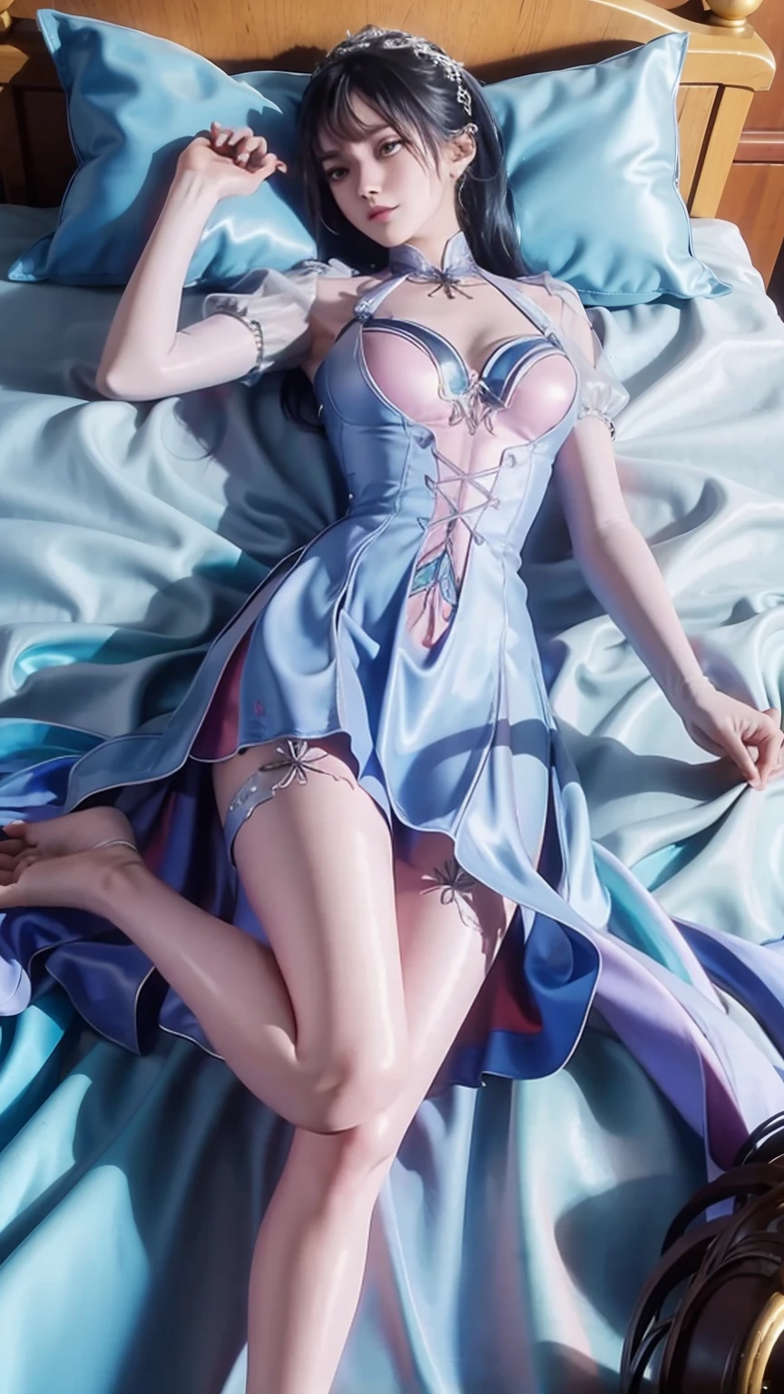 beautiful detailed girl lying on bed, wearing a spaghetti strap nightgown, facing up, slightly raising her leg, extremely detailed beautiful big-breasted 16-year-old girl, super high quality, 4k, 8k, cinematic, full body, lying down, long legs, very large bust, full body capture, ((( lying on bed ))), ((( full body lying on bed ))), big bed, bare shoulders, shoulder-length skirt, lying on bed, head on pillow, lying down, head on pillow, ((( fully reclined on bed ))), full body reclined on bed