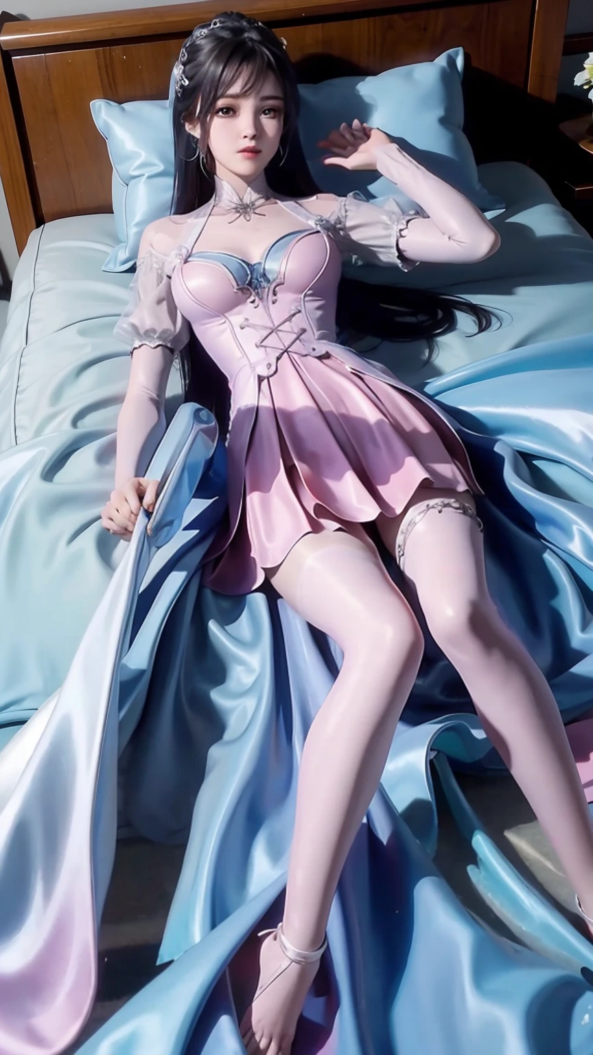 beautiful detailed girl lying on bed, wearing a spaghetti strap nightgown, facing up, slightly raising her leg, extremely detailed beautiful big-breasted , super high quality, 4k, 8k, cinematic, full body, lying down, long legs, very large bust, full body capture, ((( lying on bed ))), ((( full body lying on bed ))), big bed, bare shoulders, shoulder-length skirt, lying on bed, head on pillow, lying down, head on pillow, ((( fully reclined on bed ))), full body reclined on bed