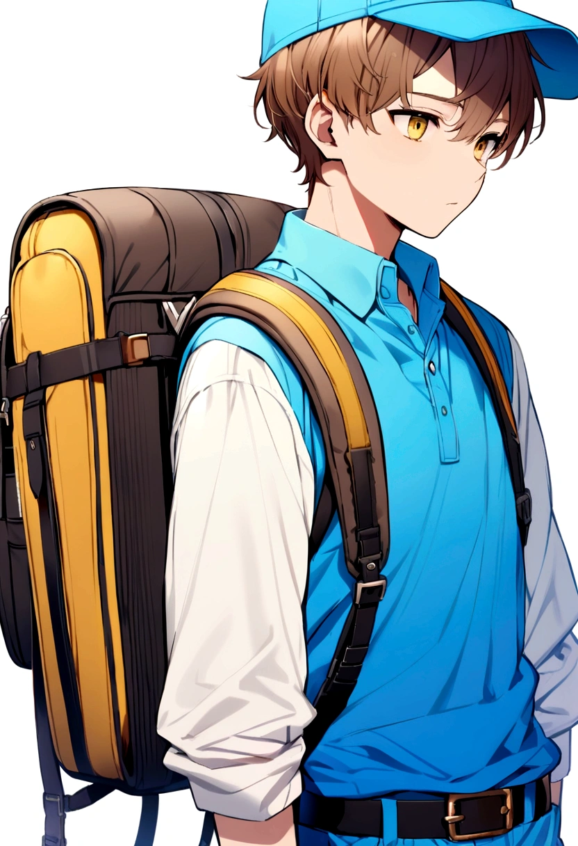 Brown haired boy, blue polo shirt, white sleeves, blue and yellow cap. black backpack, black belt.