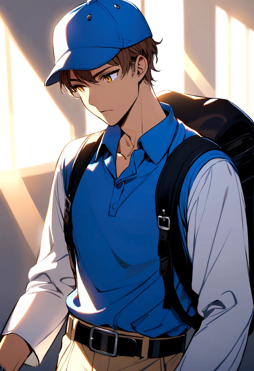 Brown haired boy, blue polo shirt, white sleeves, blue and yellow cap. black backpack, black belt.