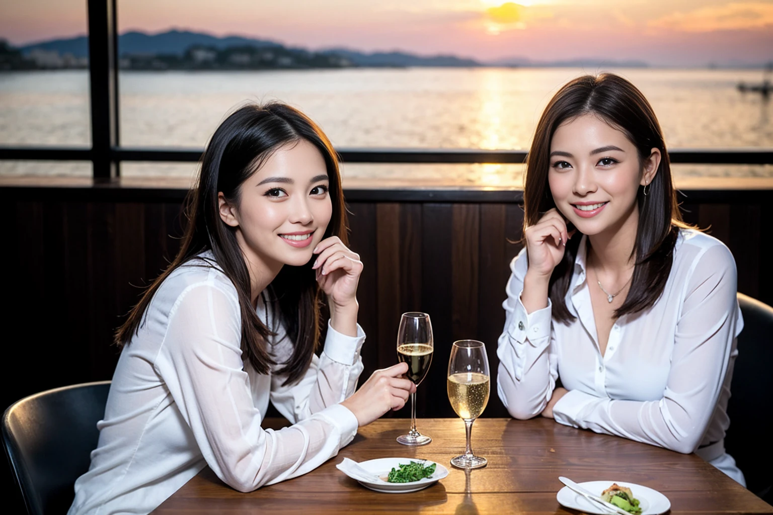 ((Highest quality、、masterpiece:1.3))、1 handsome man and 1 handsome woman、Slim Lover、Ayase Haruka、Beautiful couple、smile、full-course dinner、 (Slim face), (the body is スリム), (Brown Hair), (Shortcuts), ((Bob Hale、Straight hair:1.2)), テーブルの上のwine glass、Shine light on your face、 Amazing view of the sunset sky and clouds、smileの美しさ、Bright image、Blushing, Shortcuts, (43 years old), 39 years old、Wine bottle、Champagne、sparkling wine、Long sleeve shirt、dress、Attractive beauty、restaurant, Nova Frog Style, actress, model, Upper Body, White wine, red wine, wine glass, 