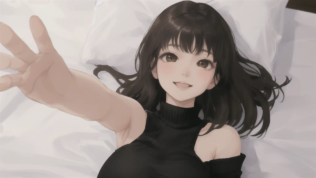 woman、One person、On the bed、Black knit、Large Breasts、Looking up、Brown eyes、Black Hair、smile、front、Upper body close-up