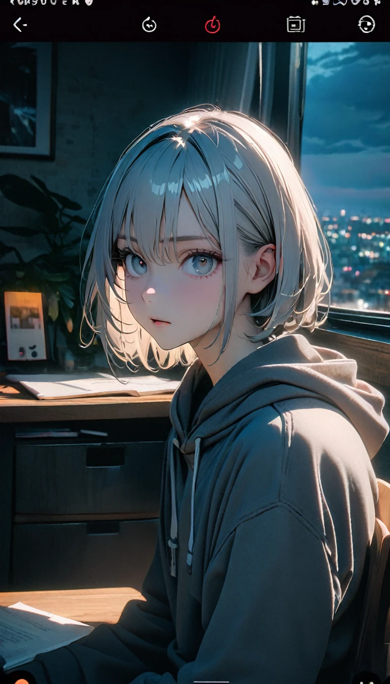 (8K, RAW photos, best quality, masterpiece: 1.4), (((The boy sits at the desk))),Ultra-high resolution, Extremely detailed, light, Eye close-up, handsome boy, black eyes, (delicate eyes, Eyes are bright:1.2), Gray short hair, Fair skin,dark, Grey sweatshirt, sweatshirt with hood,(perfect anatomy:1.2), High-quality shadows, Natural Lighting, (White highlights:1.2), night, cloudy day, (at home:1.2), (Brave expression:1.2)