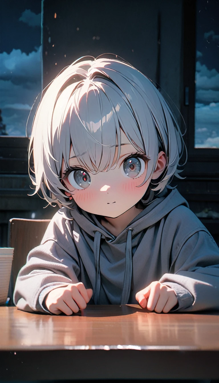 (8K, RAW photos, best quality, masterpiece: 1.4), (((The boy sits at the desk))),Ultra-high resolution, Extremely detailed, light, Eye close-up, handsome boy, black eyes, (delicate eyes, Eyes are bright:1.2), Gray short hair, Fair skin,dark, Grey sweatshirt, sweatshirt with hood,(perfect anatomy:1.2), High-quality shadows, Natural Lighting, (White highlights:1.2), night, cloudy day, (at home:1.2), (Brave expression:1.2)