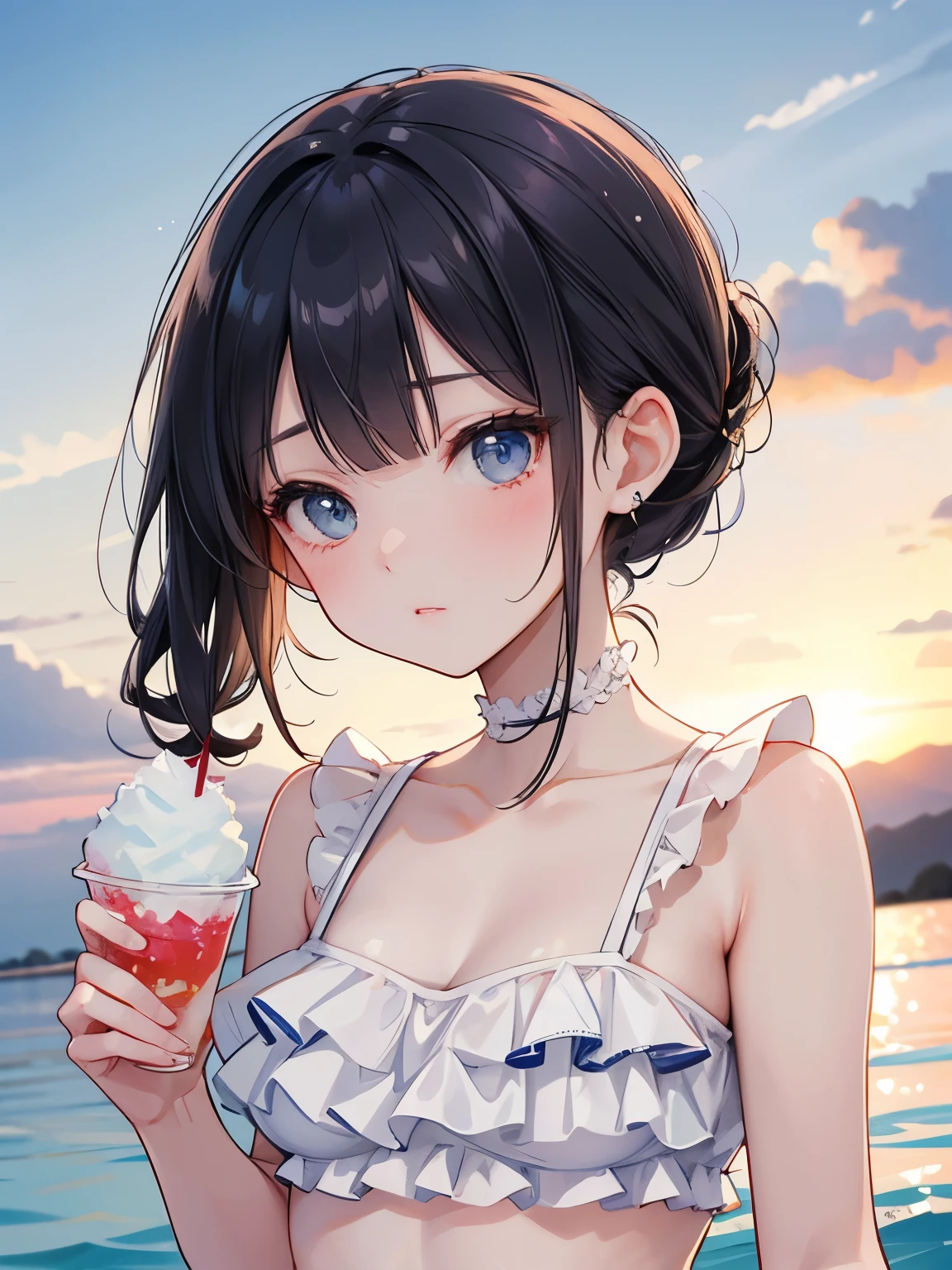 woman、Hair tied up、Straight Bangs、High resolution、shaved ice、evening、Sorry、Swimwear、Frills、Upper Body